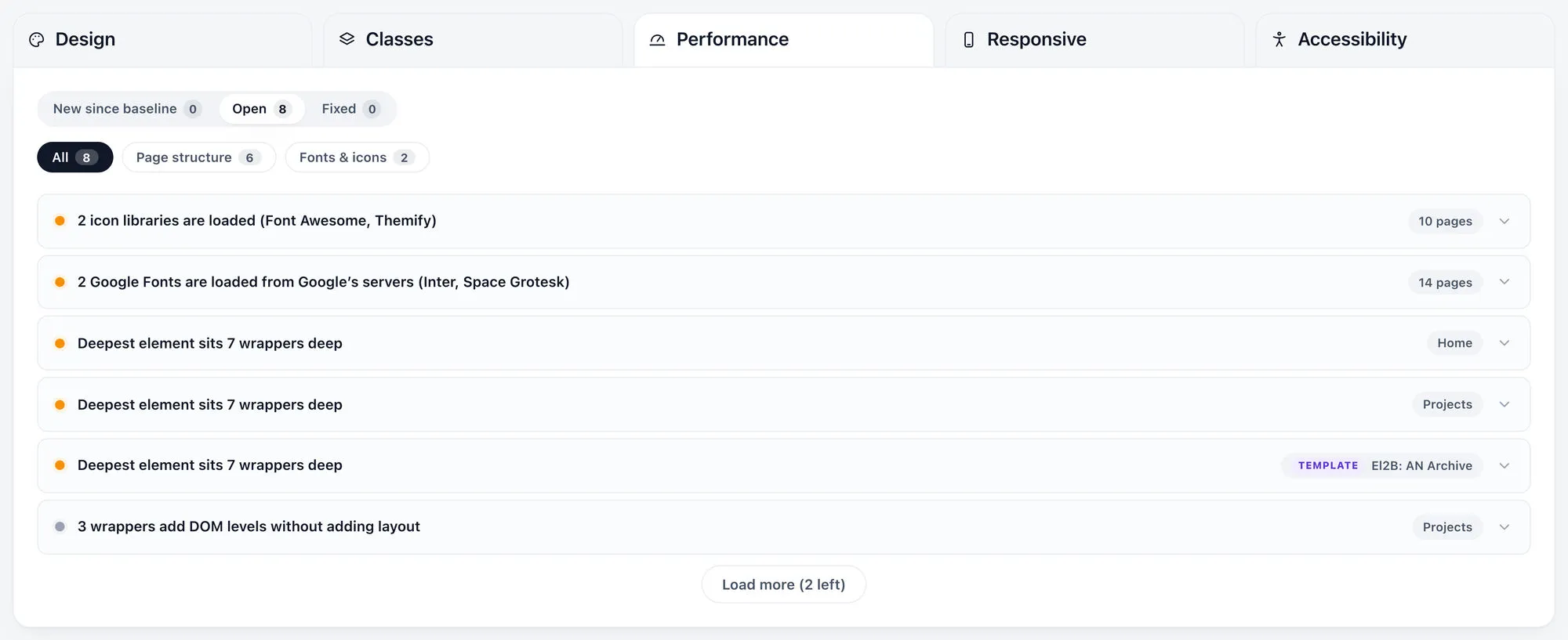 The Performance audit listing findings such as two icon libraries being loaded across ten pages.