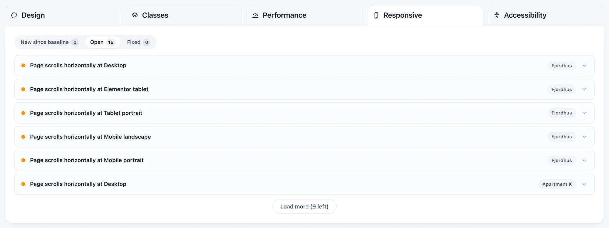 The Responsive audit listing pages that scroll horizontally, each finding naming the breakpoint it happens at, such as tablet portrait and mobile landscape.