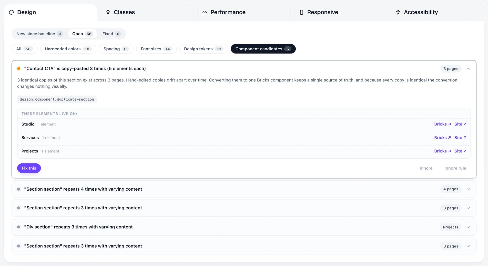 The Design audit filtered to Component candidates, showing a section named Contact CTA that is copy-pasted three times across three pages with a Fix this button, and beneath it a candidate row for four sections that share one structure but differ in content.