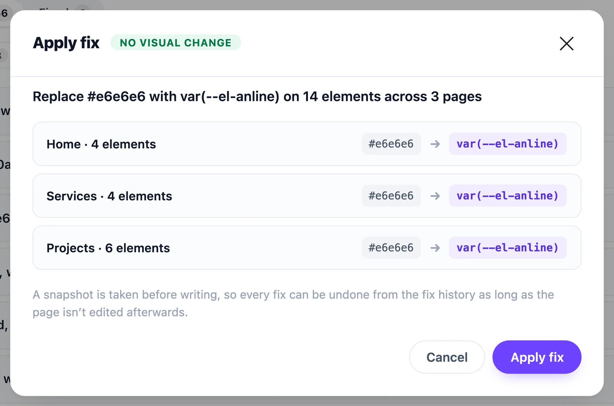 The apply-fix preview listing each page, how many elements it affects, and the exact replacement, with a no-visual-change badge and Cancel and Apply fix buttons.